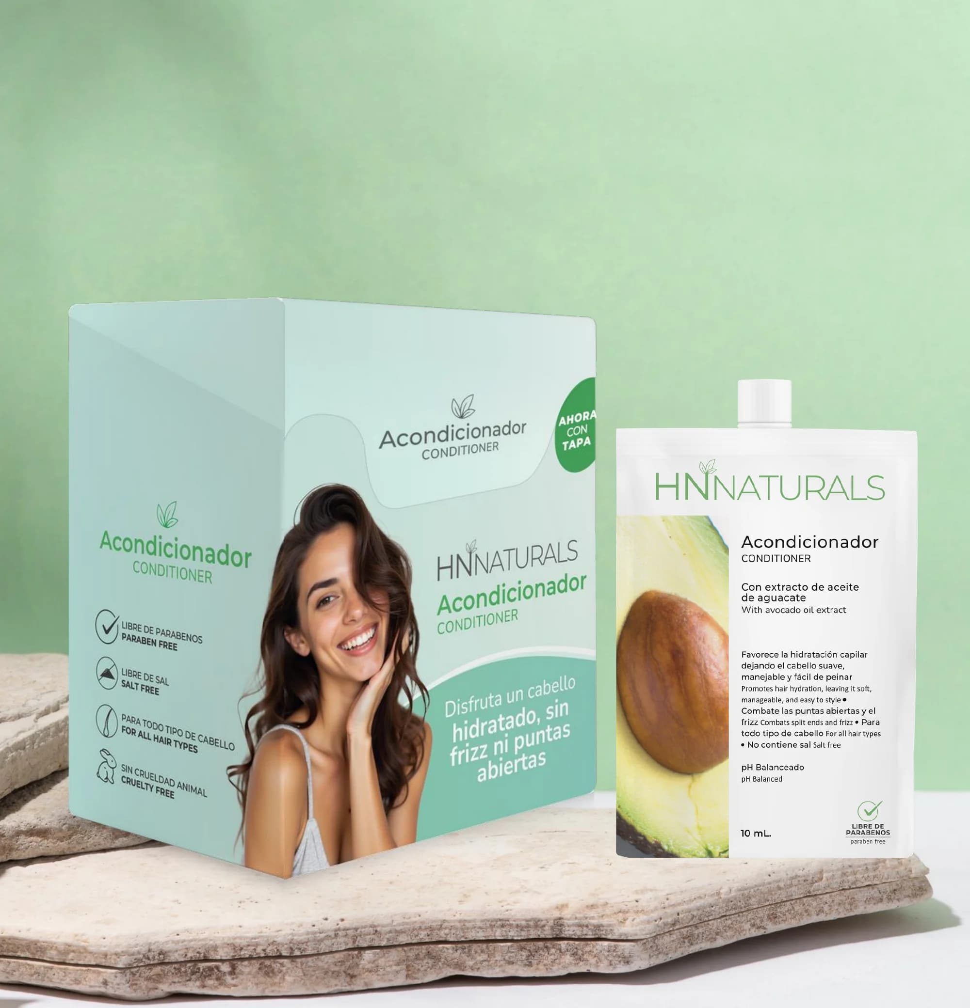 Acondicionador con Aceite de Aguacate y Extractos Naturales — display y sachet de mayoreo