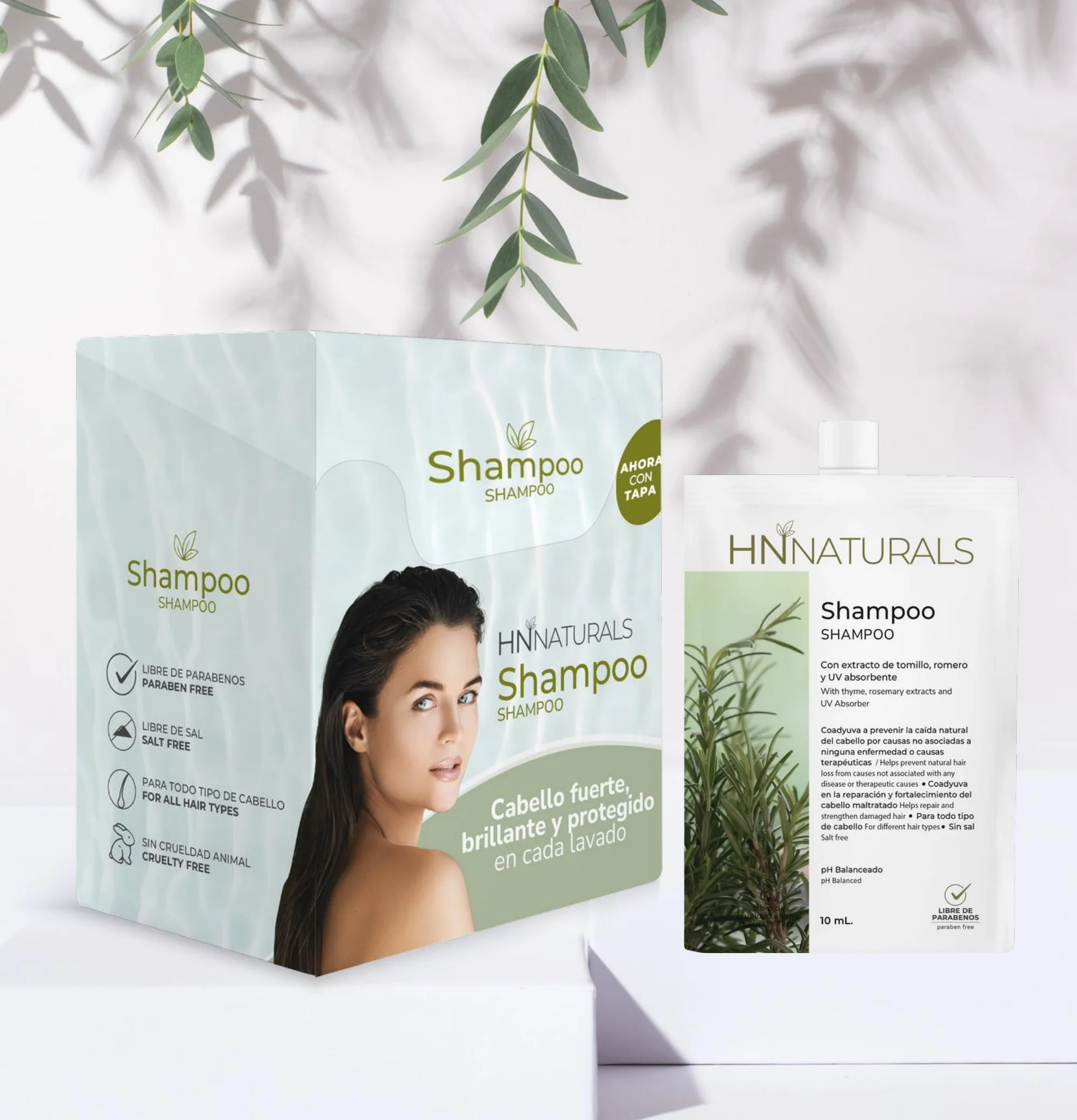Shampoo Reparador con Extracto de Tomillo, Romero, Algas Marinas y Filtros UV — display y sachet de mayoreo