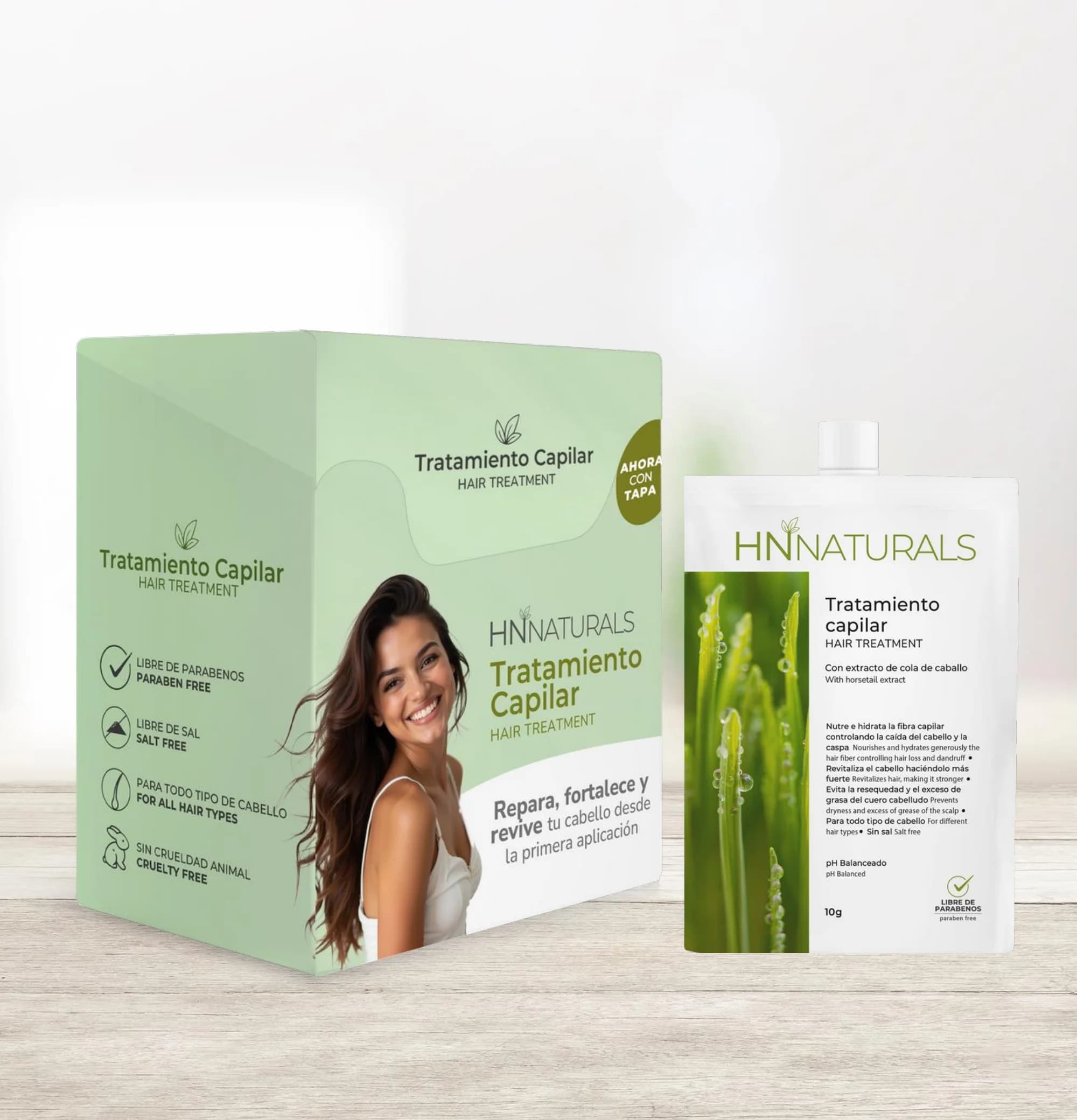 Tratamiento Capilar Revitalizante con Extracto de Cola de Caballo y Aceite de Germen de Trigo — display y sachet de mayoreo