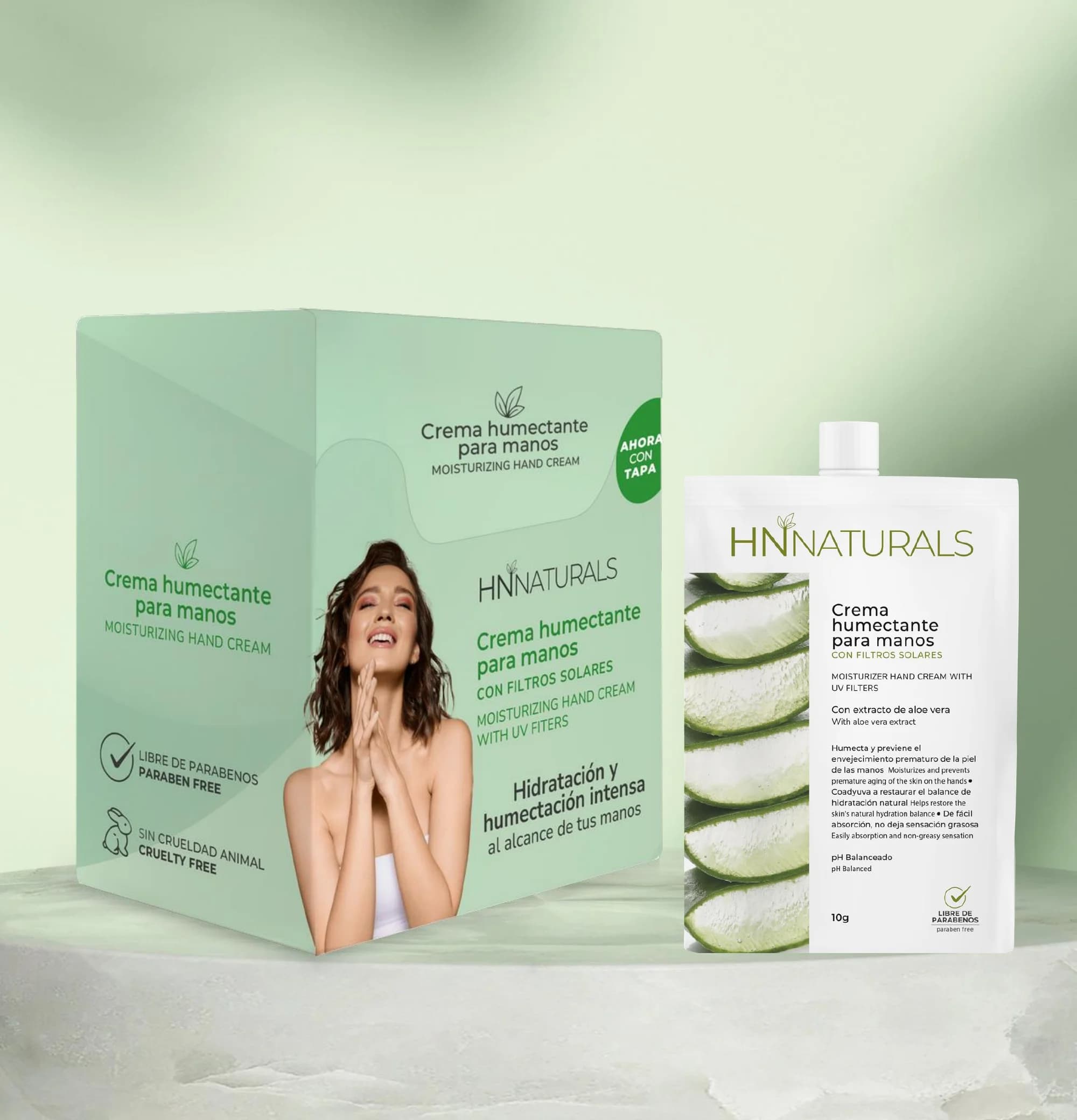 Crema Humectante para Manos con Filtros Solares, Elastina y Colágeno — display y sachet de mayoreo