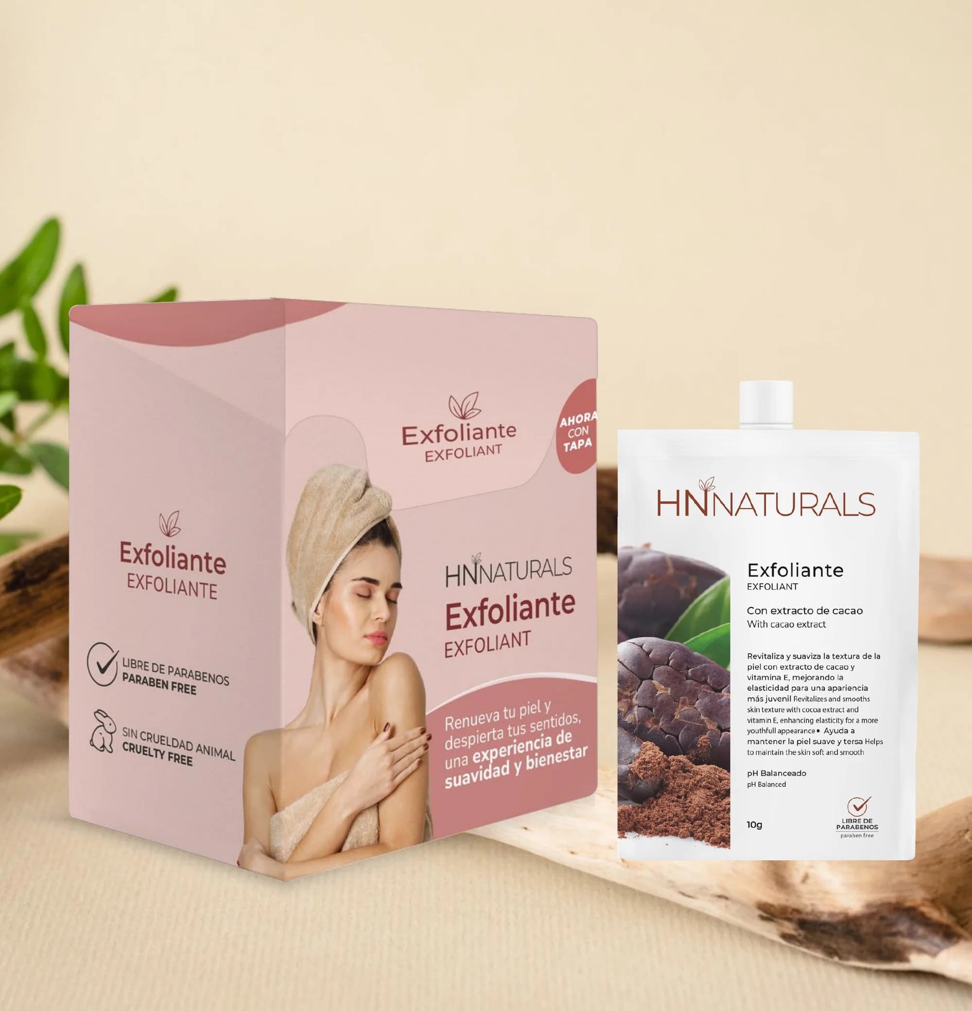 Exfoliante de Chocolate con Extracto de Cocoa, Semillas de Durazno y Vitamina E — display y sachet de mayoreo