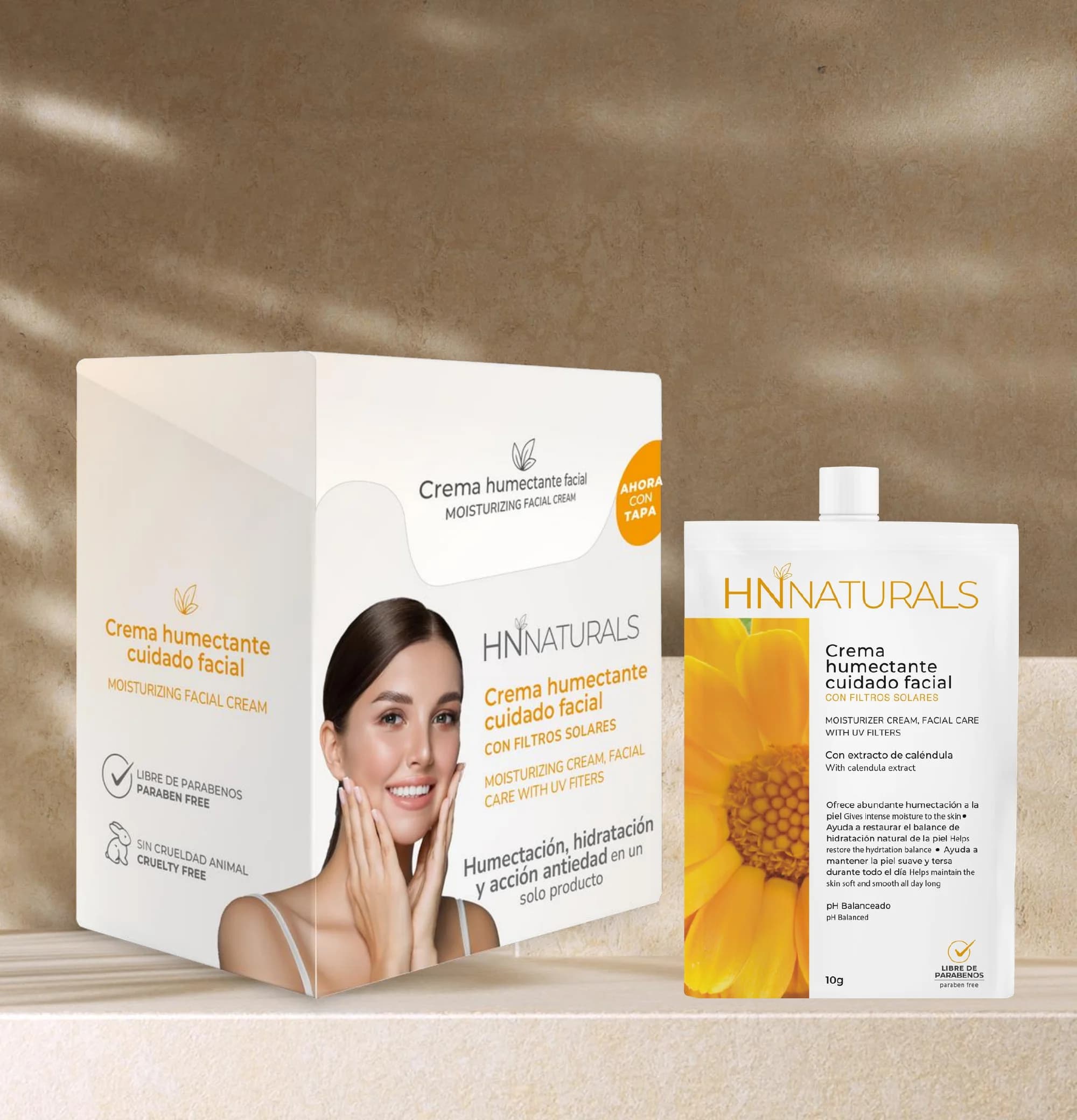 Crema Humectante Cuidado Facial con Filtros Solares — display y sachet de mayoreo
