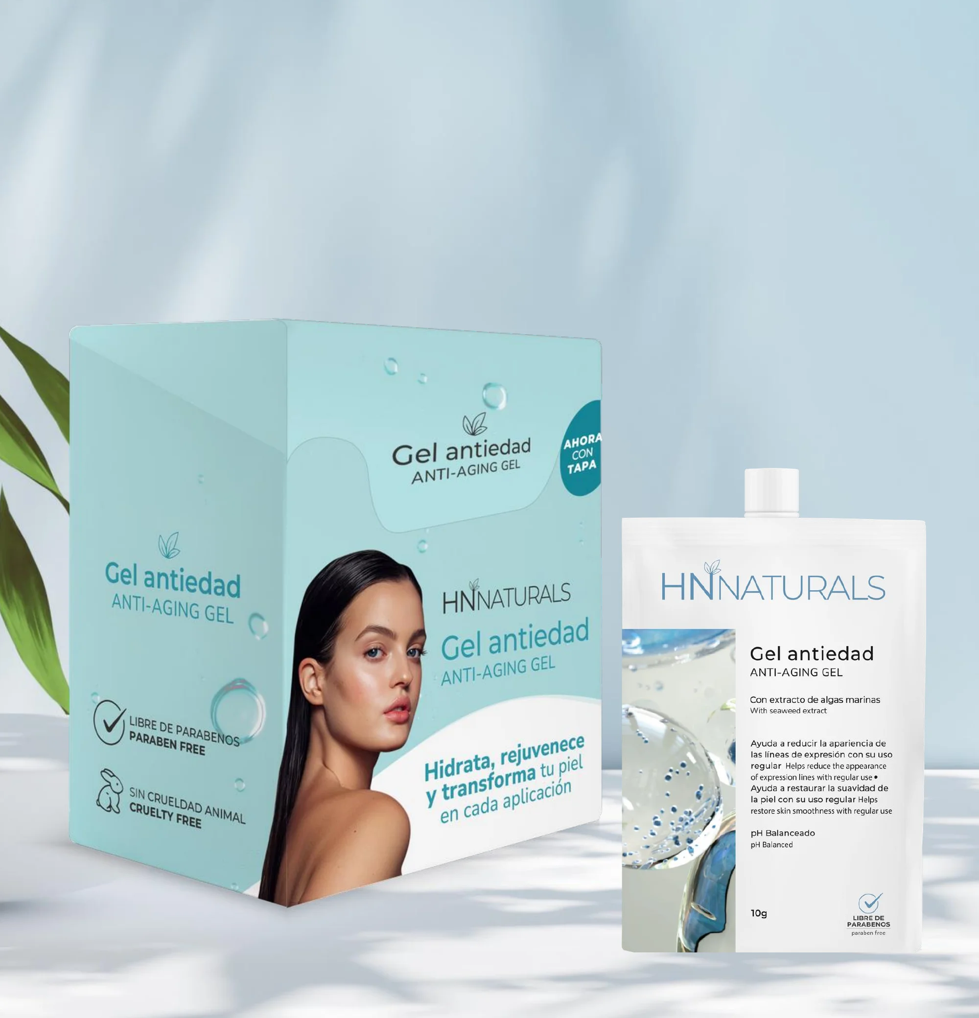 Gel Antiedad con Extracto de Algas Marinas y Microesferas de Vitaminas A y E — display y sachet de mayoreo