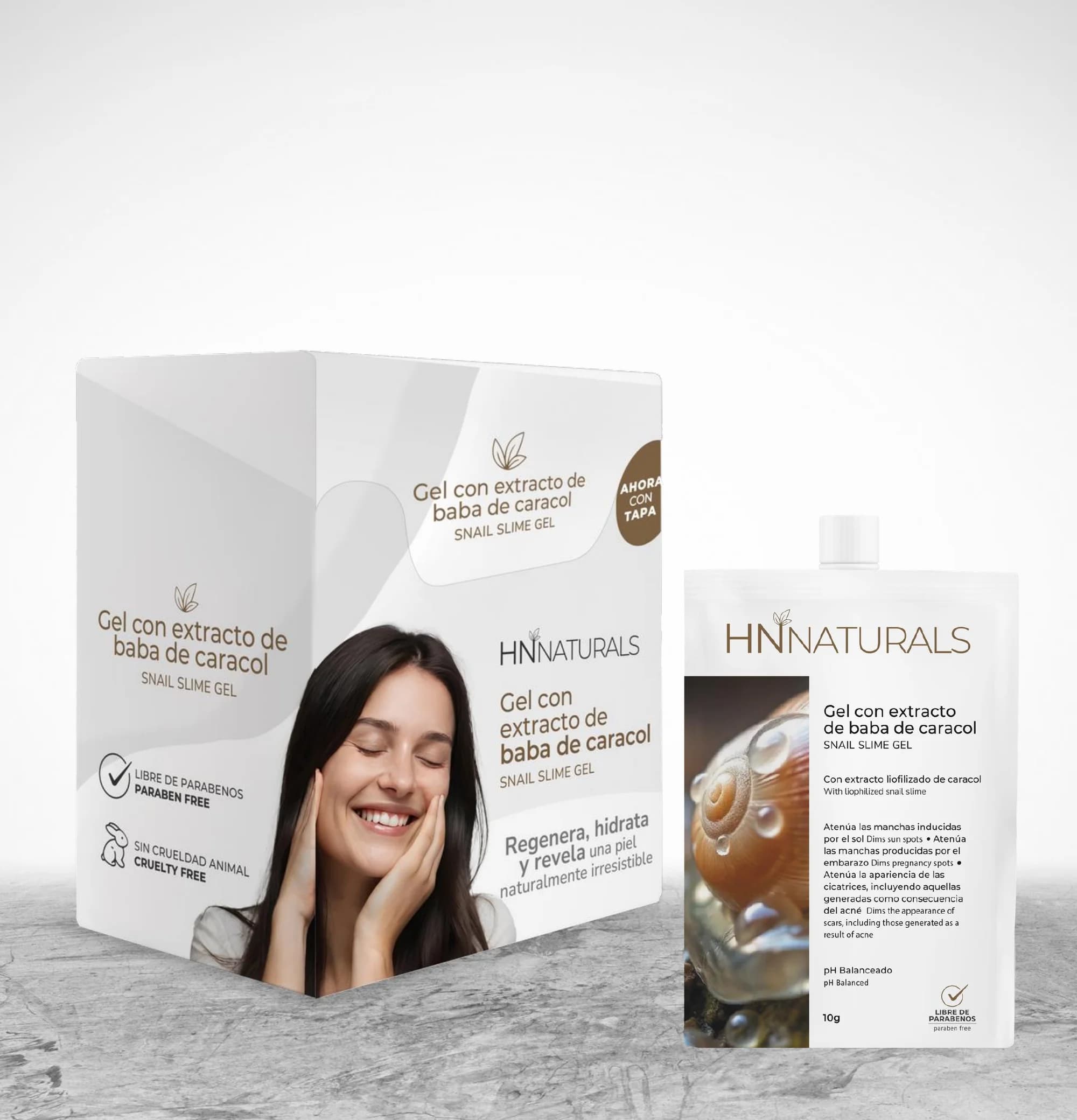 Gel con Extracto de Caracol — display y sachet de mayoreo