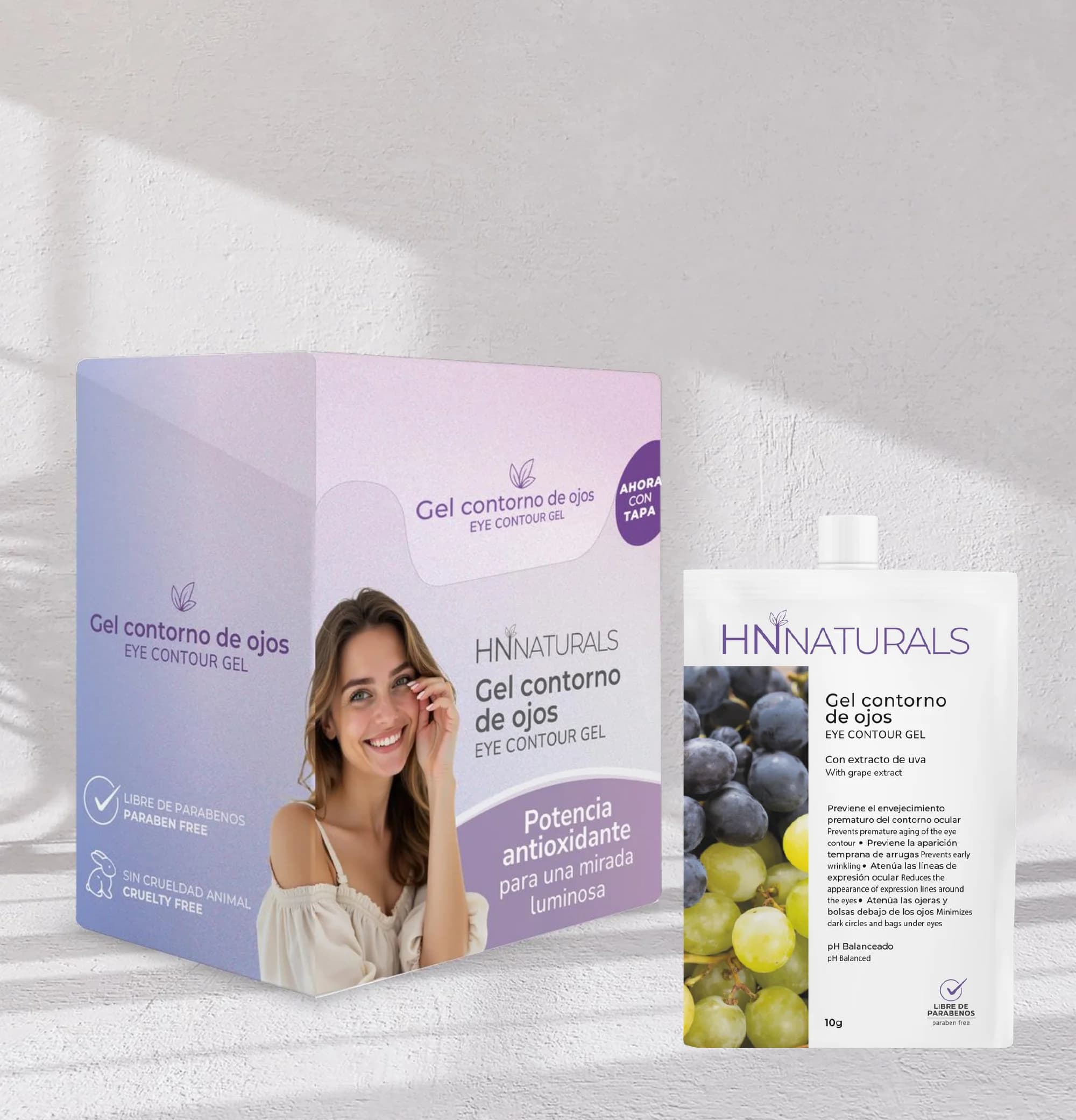 Gel Contorno de Ojos con Extracto de Uva y Colágeno — display y sachet de mayoreo