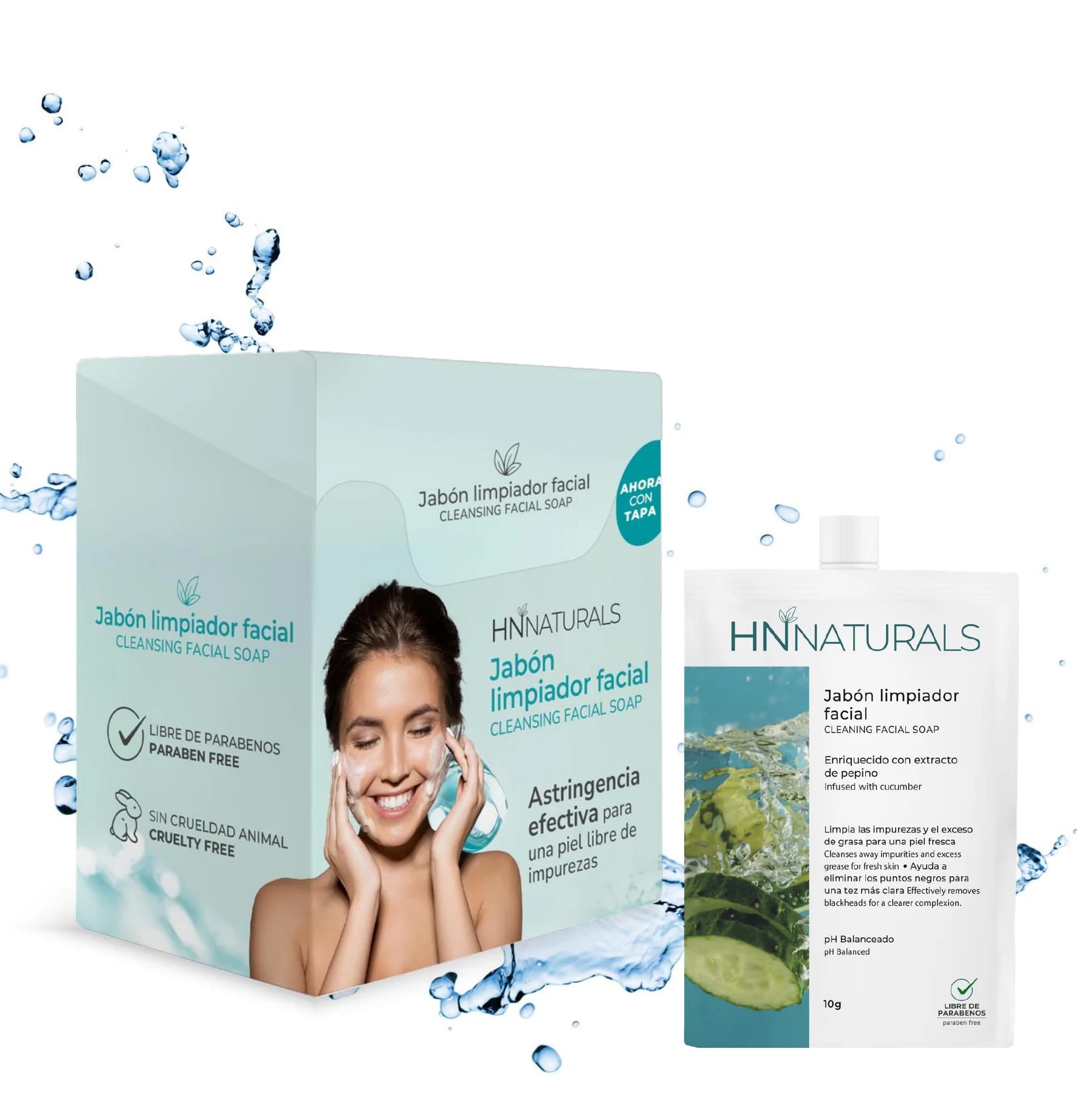 Jabón Limpiador y Equilibrante Facial con Extracto de Pepino y Vitamina E — display y sachet de mayoreo