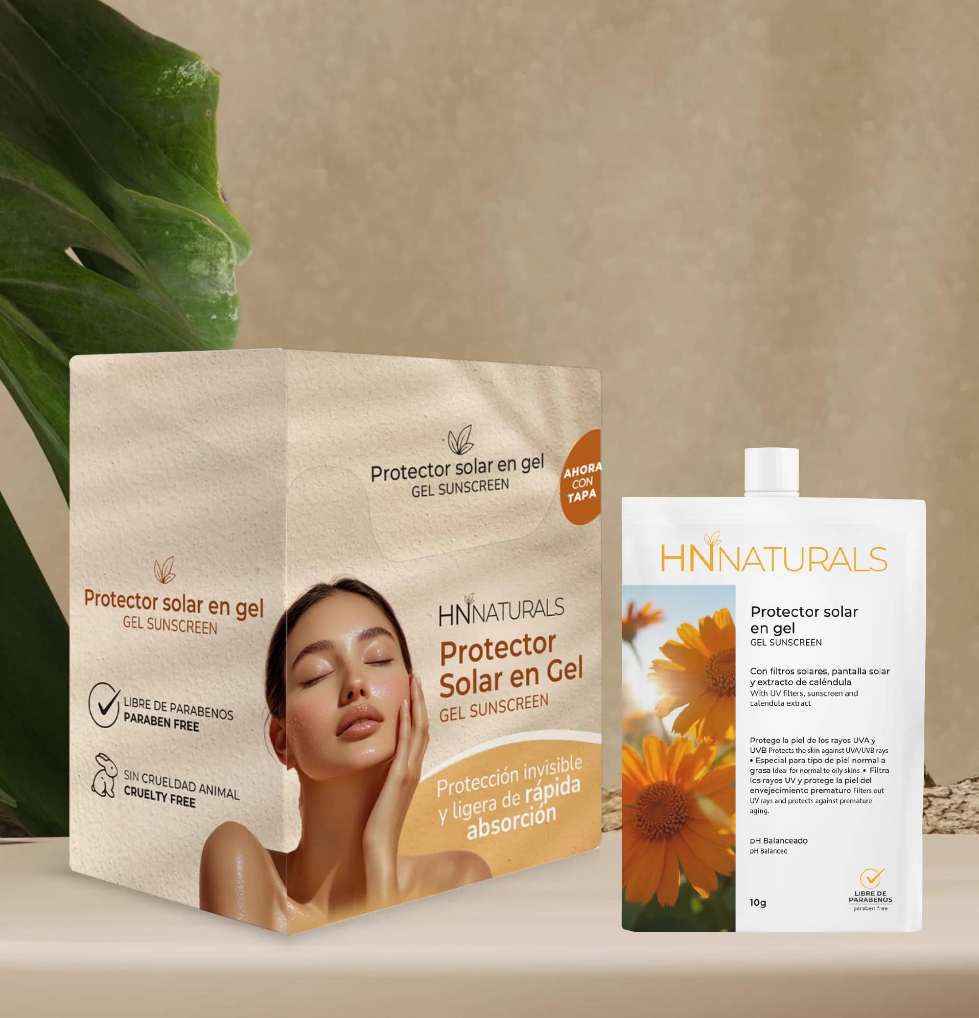 Protector Solar en Gel con Extracto de Caléndula y Filtros Solares — display y sachet de mayoreo