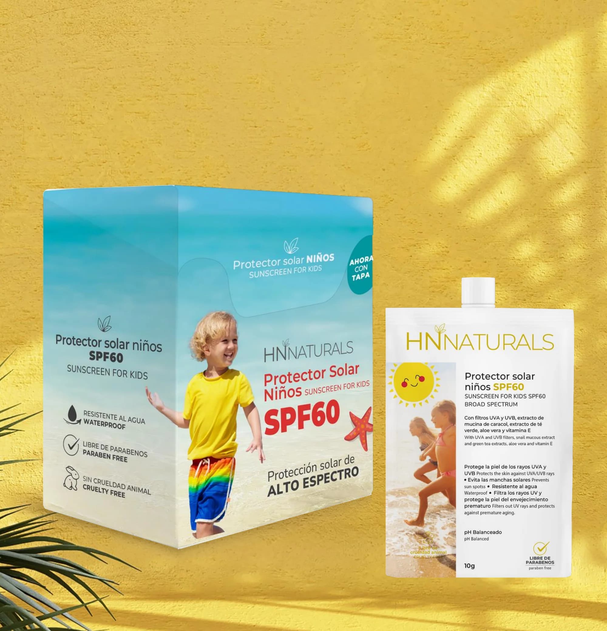 Protector Solar para Niños SPF60 con Nutrientes Vegetales — display y sachet de mayoreo